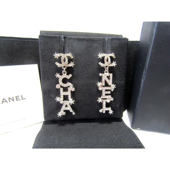 Chanel 23P Pendant Silver Crystal CC Logo Letter Dangle Drop Earrings - Picture 3 of 6